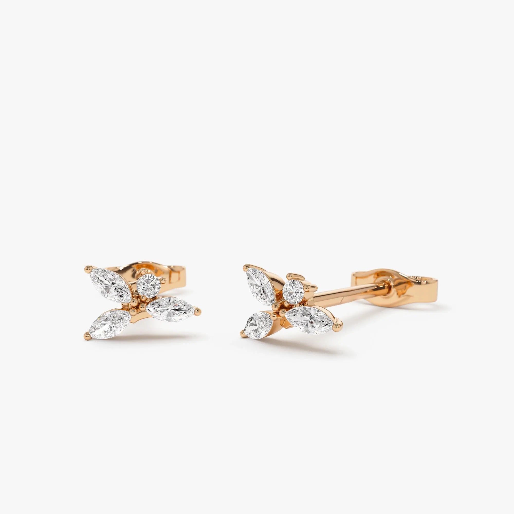 14k Gold Diamond Marquise and Round Cut Cluster Stud Earrings 0.20 ctw