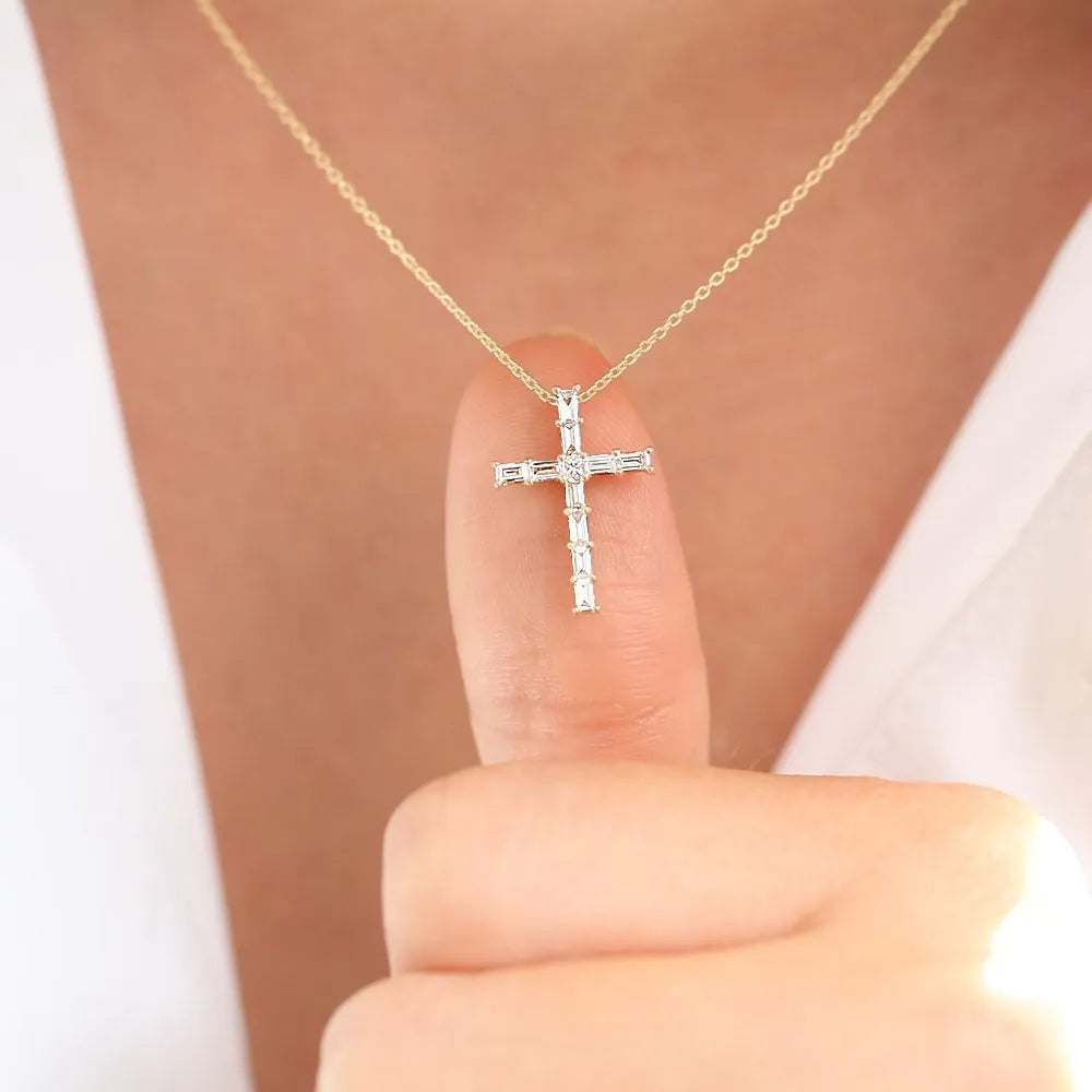 14K Solid Gold Baguette and Princess Cut Diamond Cross Pendant Necklace 0.38ctw