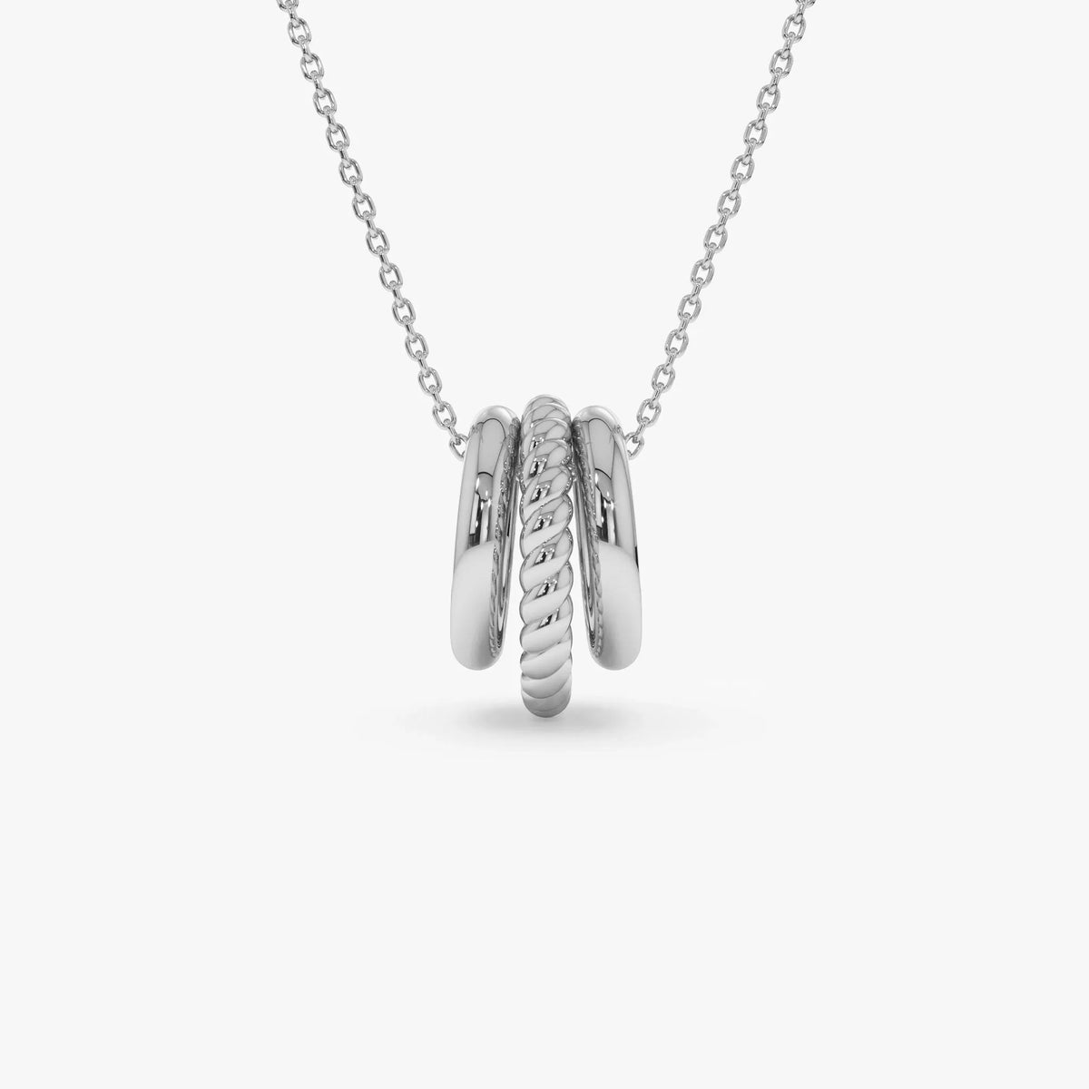 14k Solid Gold Three Ring Eternity Circle Necklace with Twisted and Plain Linked Detail