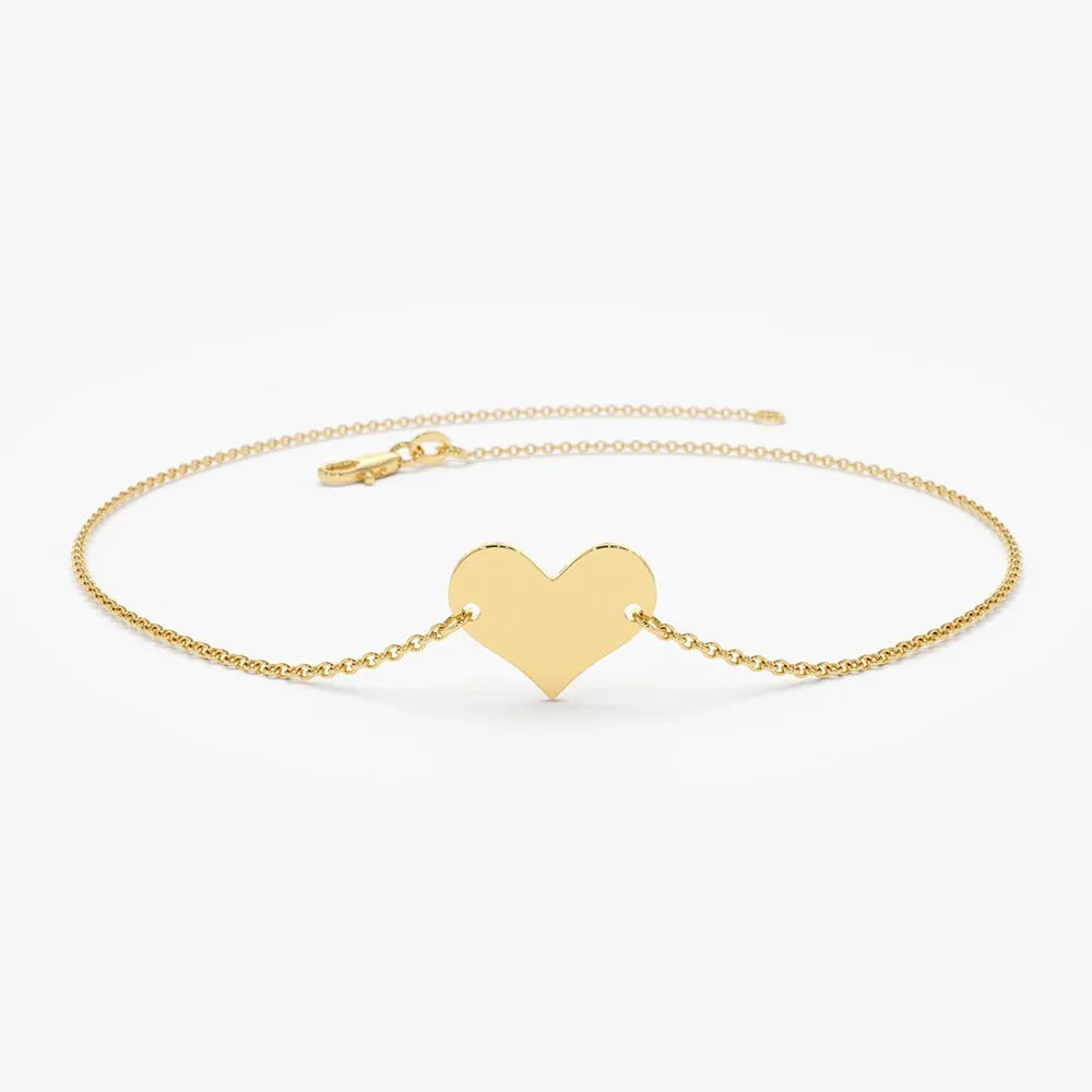 14K Solid Gold Heart Shape Charm Link Bracelet