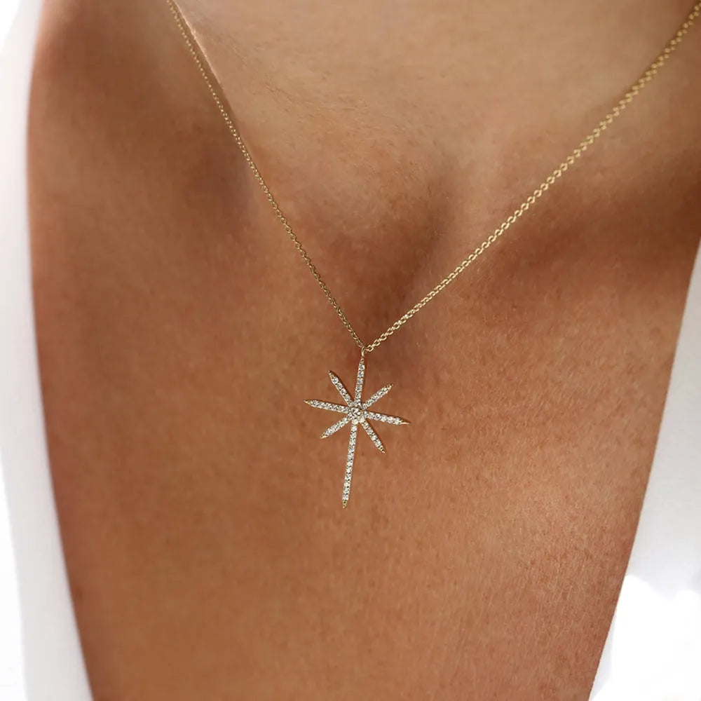 14K Solid Gold Round Diamond Celestial North Star Pendant Necklace 0.25ctw Prong Setting