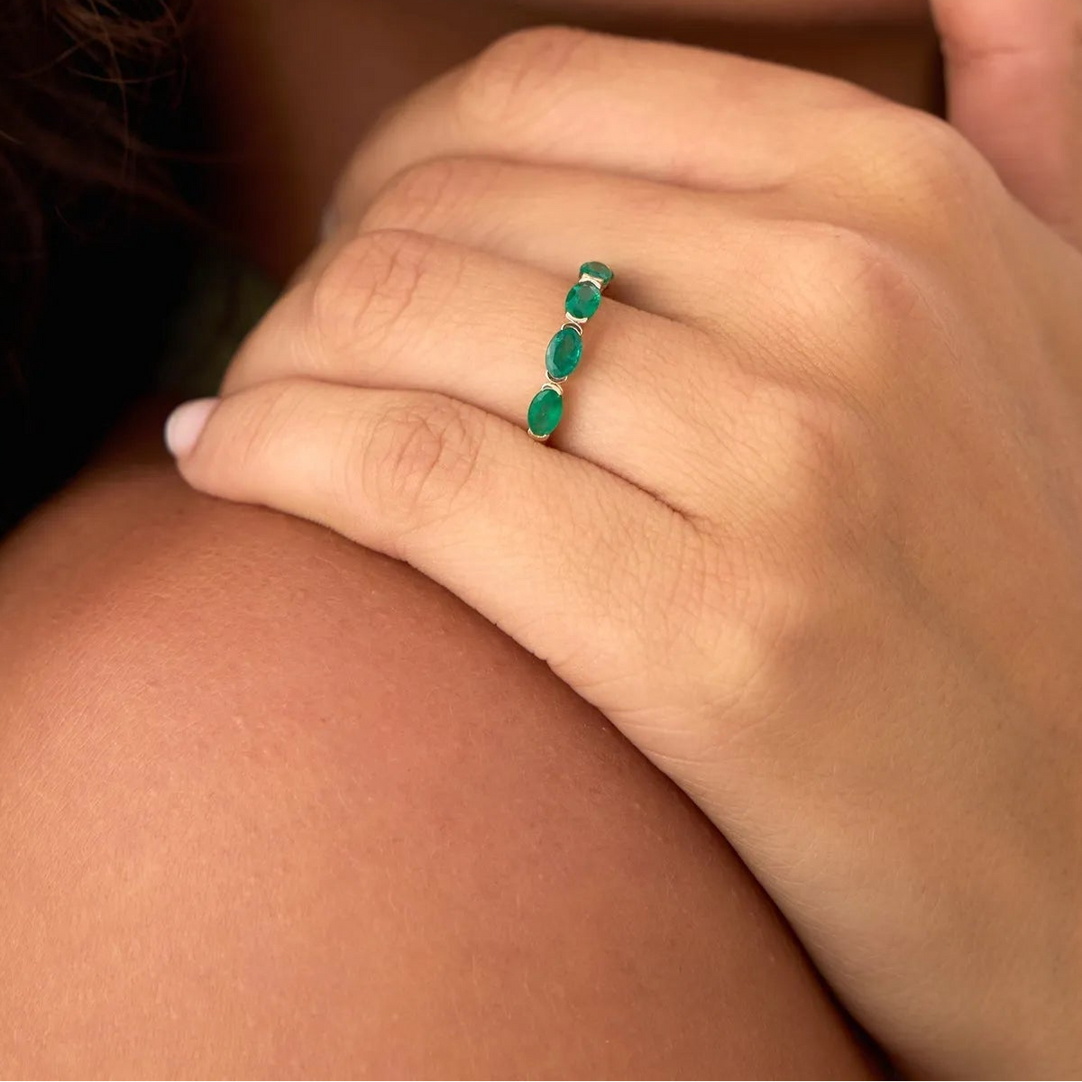14K Solid Gold Oval Emerald Five Stone Ring 1.20 CTW Handcrafted Custom Jewelry