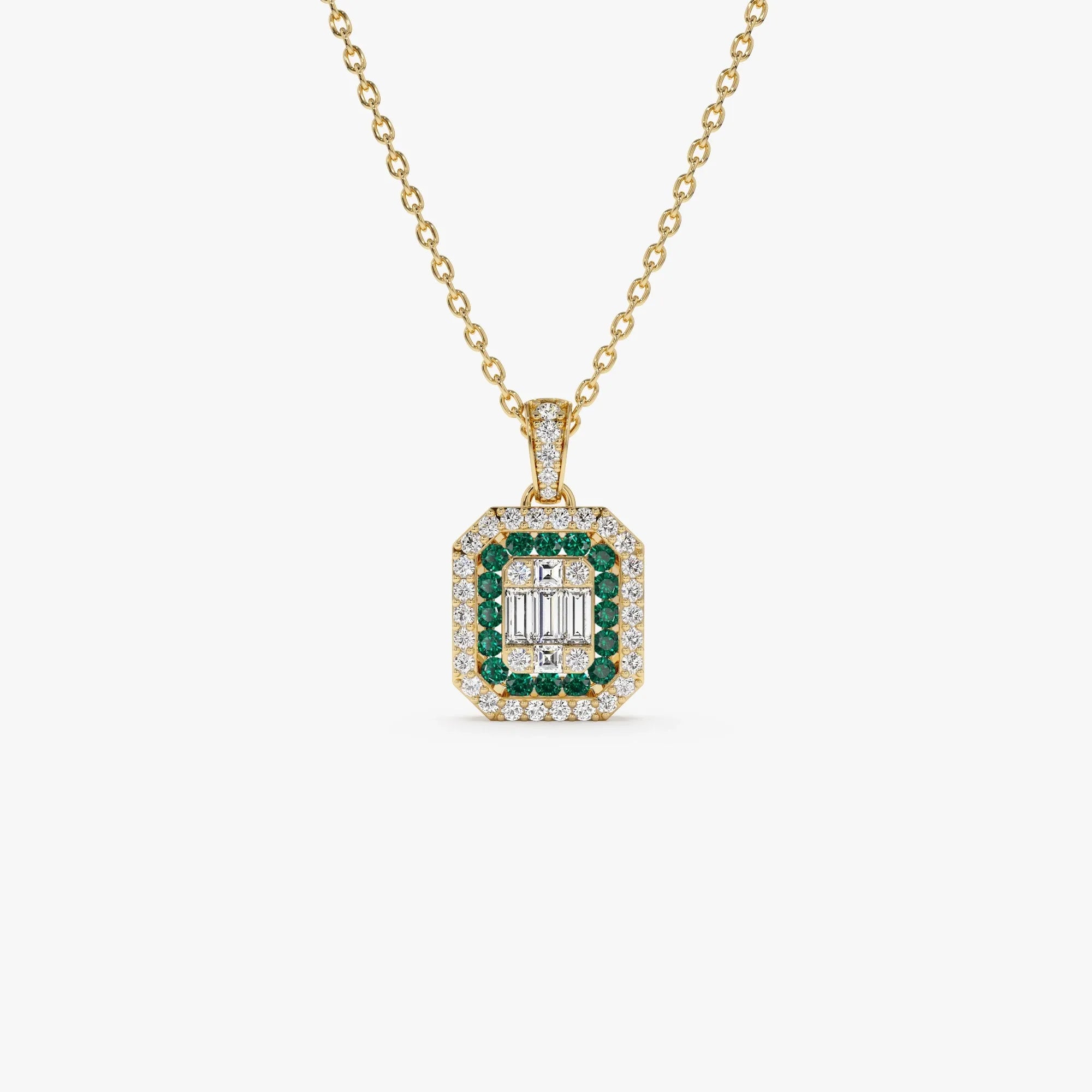 14k Solid Gold Baguette and Round Diamond 0.30 CTW and Emerald 0.20 CTW Halo Pendant Necklace