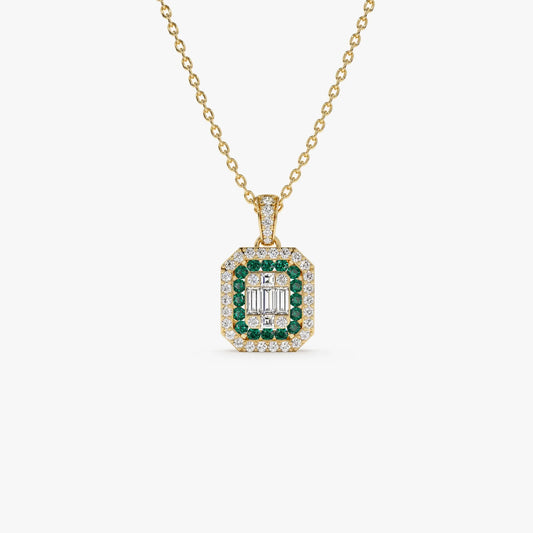 14k Solid Gold Baguette and Round Diamond 0.30 CTW and Emerald 0.20 CTW Halo Pendant Necklace