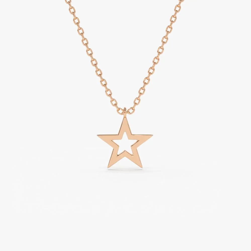 14k Solid Gold Star Charm Pendant Necklace Lucky Star Symbol