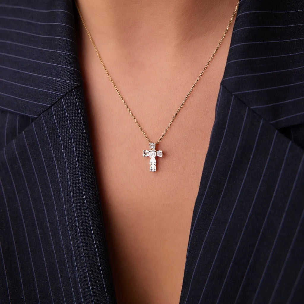 14k Solid Gold Baguette and Round Diamond 0.26 CTW Illusion Setting Cross