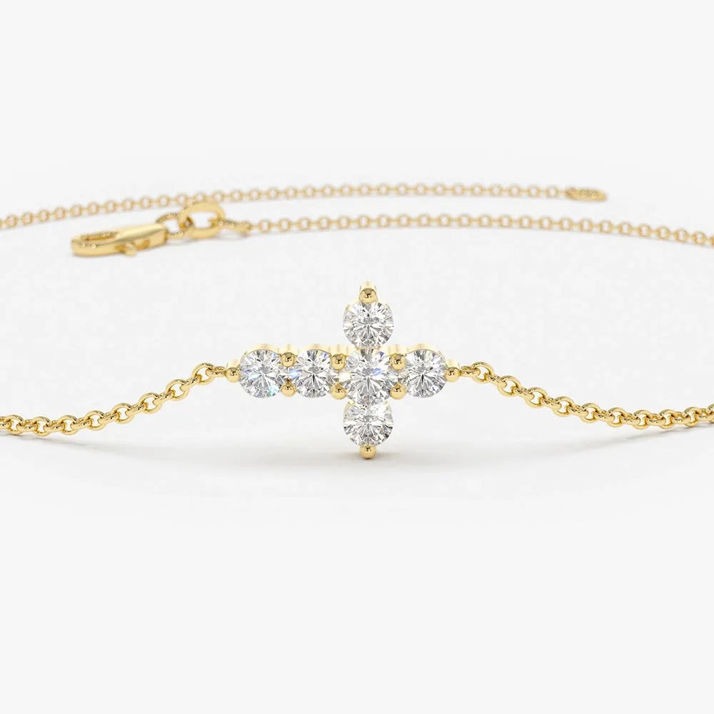 14K Solid Gold Round Diamond Cross Chain Bracelet Prong Setting 0.21 Carat