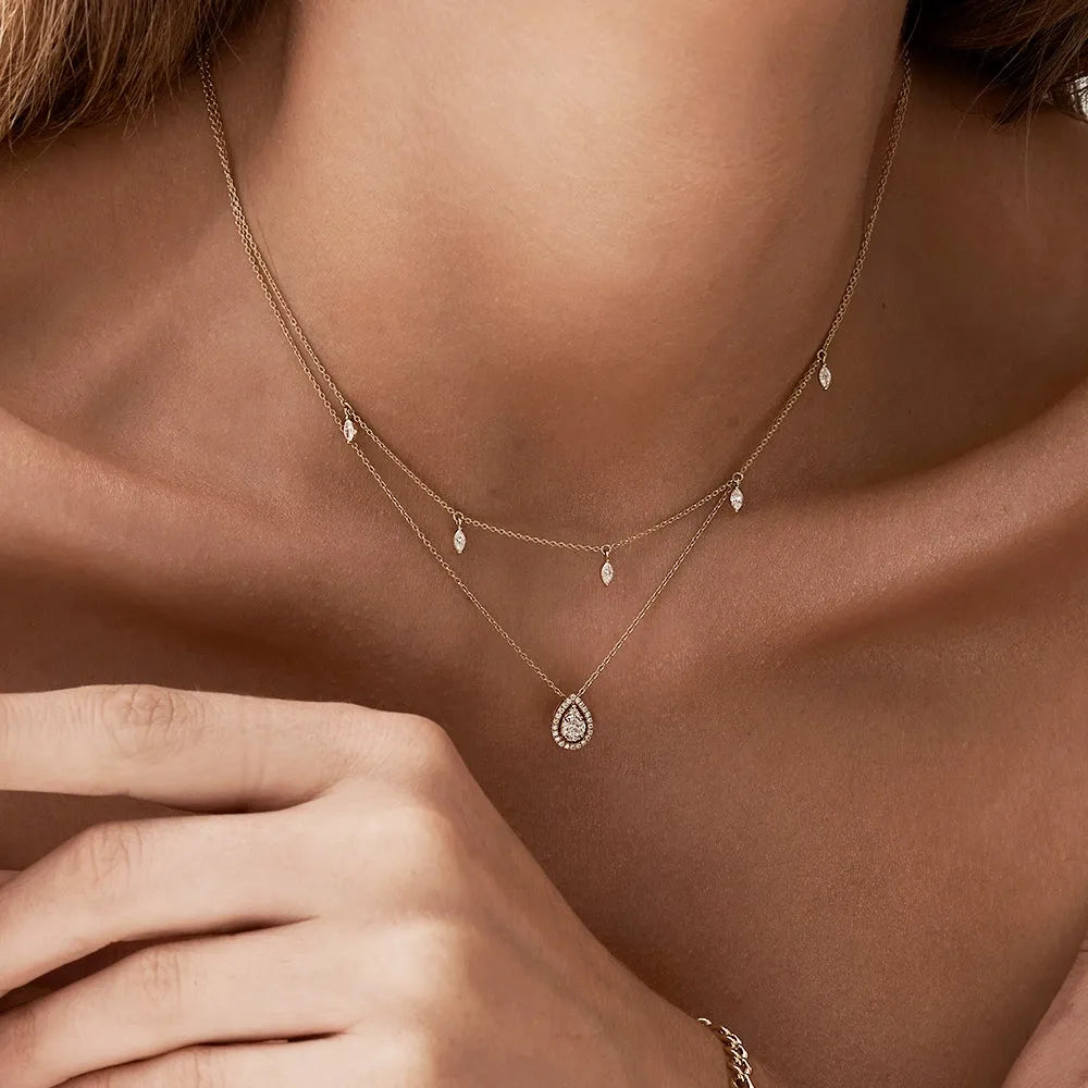14K Solid Gold Marquise Diamond 5 Stone Dangling Necklace Prong Setting 0.36ctw
