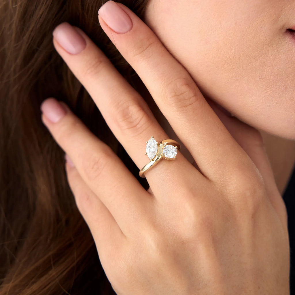 14K Gold Lab Grown Diamond Marquise and Round 1.50 CTW Two Stone Toi et Moi Ring