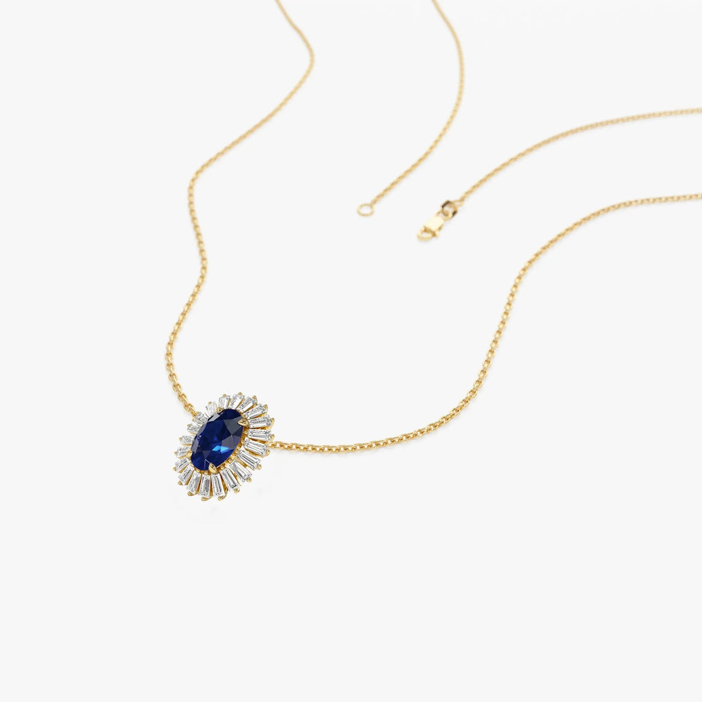14k Solid Gold Sapphire and Diamond Oval Baguette Halo Necklace 0.70 Carat Prong Setting