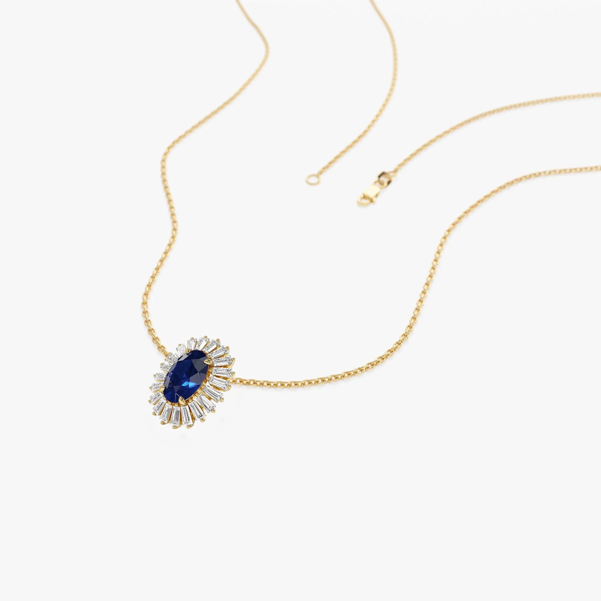 14k Solid Gold Sapphire and Diamond Oval Baguette Halo Necklace 0.70 Carat Prong Setting