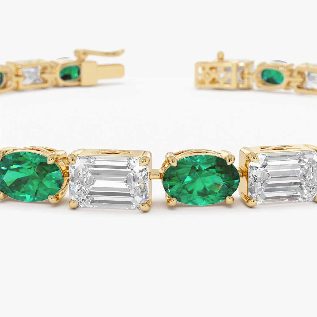 14K Gold Lab Grown Colombian Emerald and Lab Grown Diamond 4 Prong Bracelet