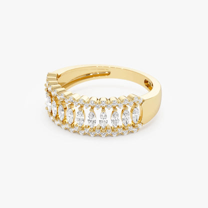 14k Solid Gold Marquise and Round Diamond 0.58 Carat Wide Pave Band Ring