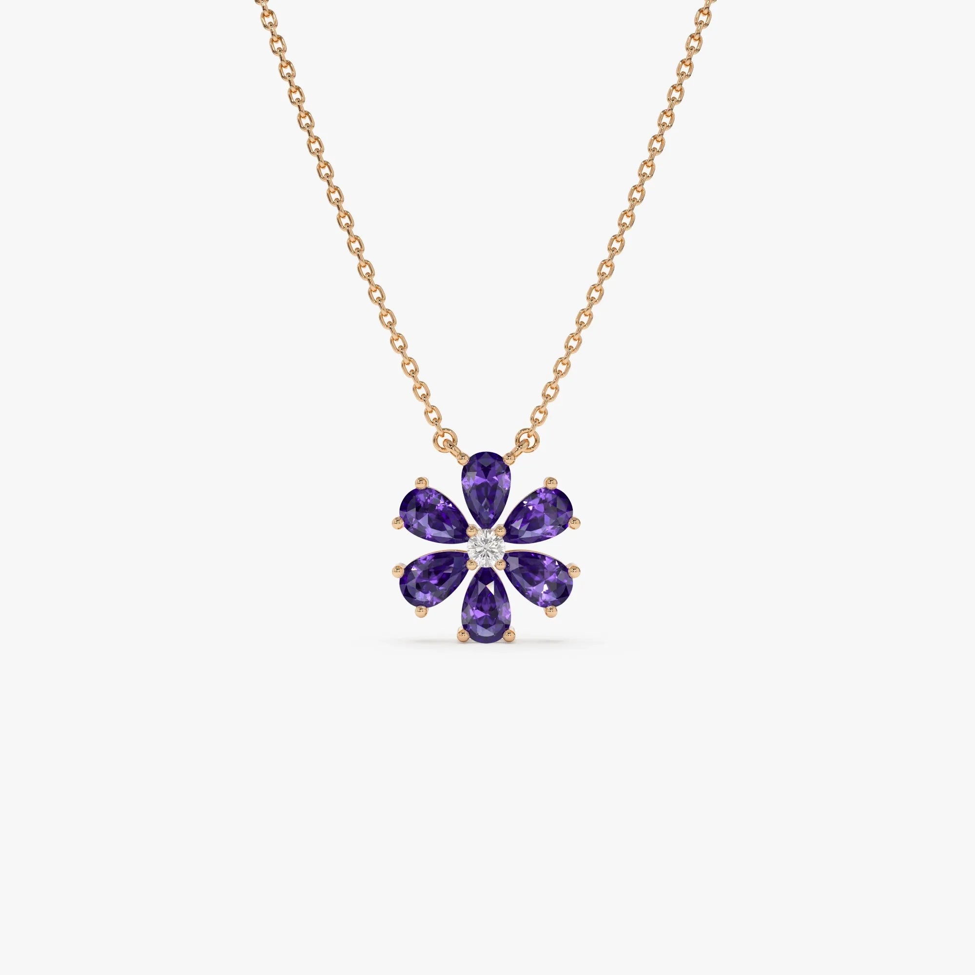 14k Solid Gold Amethyst and Diamond Pear and Round Flower Necklace 1.35 Carat