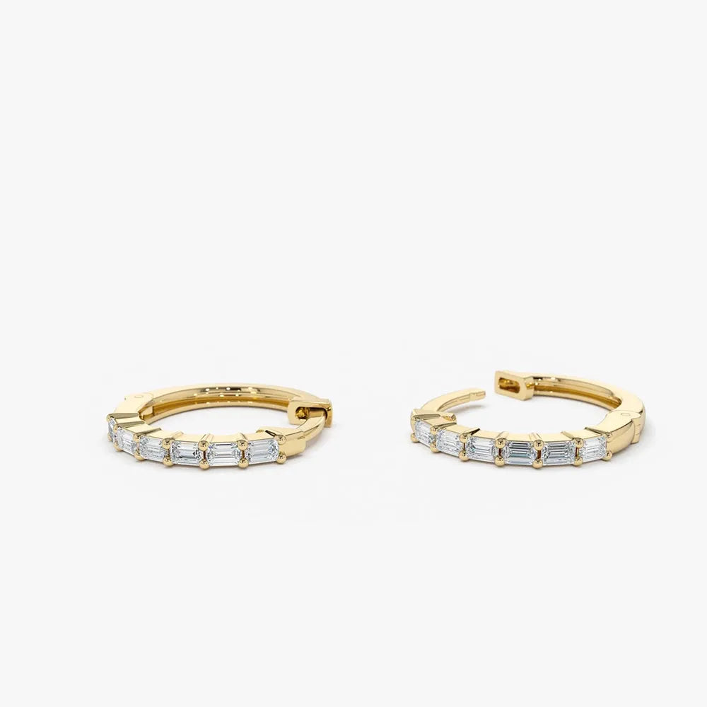 14k Gold Diamond Baguette Cut Mini Shared Prong Huggie Earrings 0.25 ctw