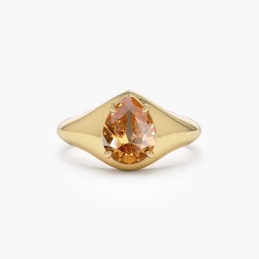 14K Solid Gold Pear Shaped Citrine 1.25ctw Statement Ring