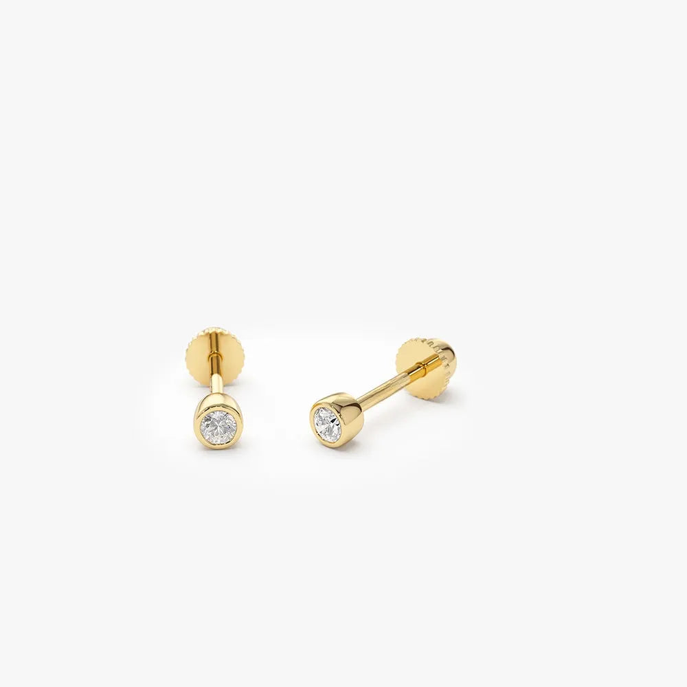 14k Gold Diamond Round Cut Bezel Setting Stud Piercing Single Earring 0.035 ctw