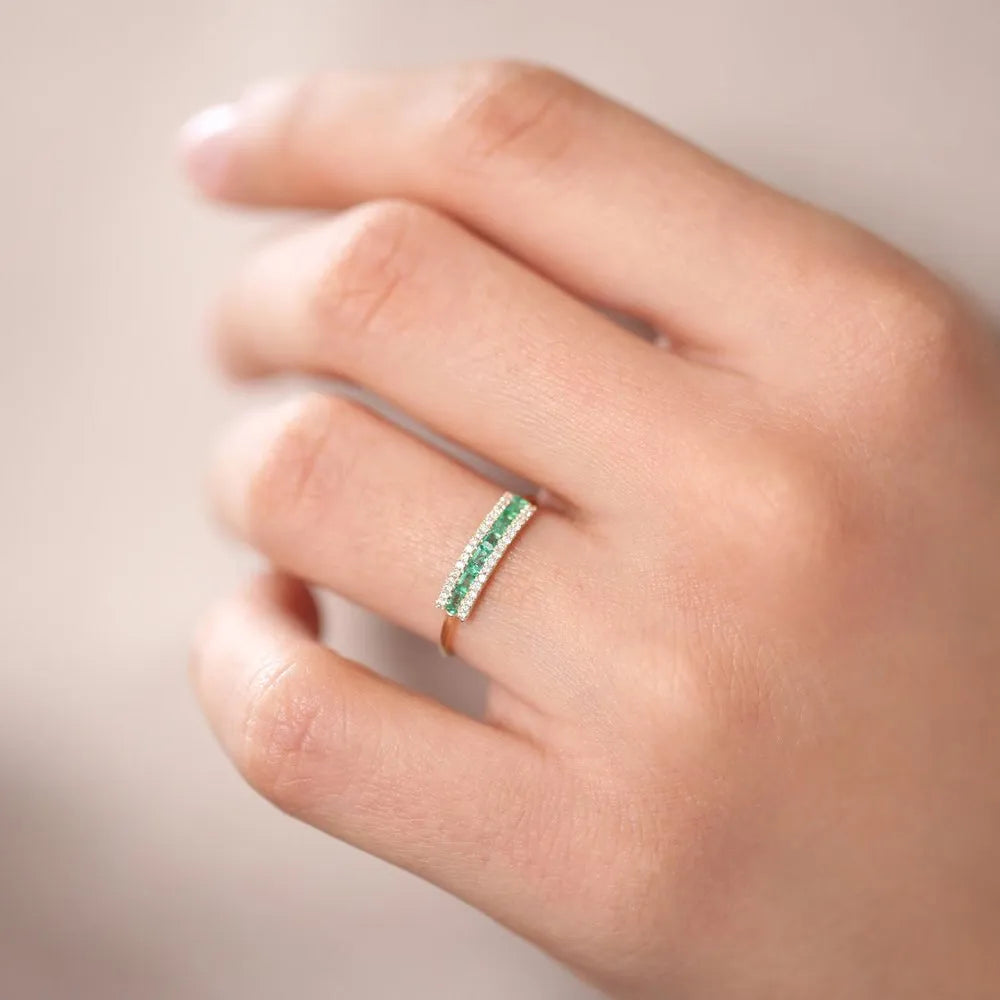 14K Solid Gold Baguette Emerald and Round Diamond Channel Micro Pave Ring 0.60 CTW