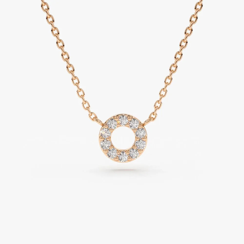 14K Solid Gold Round Diamond Mini Circle Pendant Necklace Prong Setting 0.10ctw