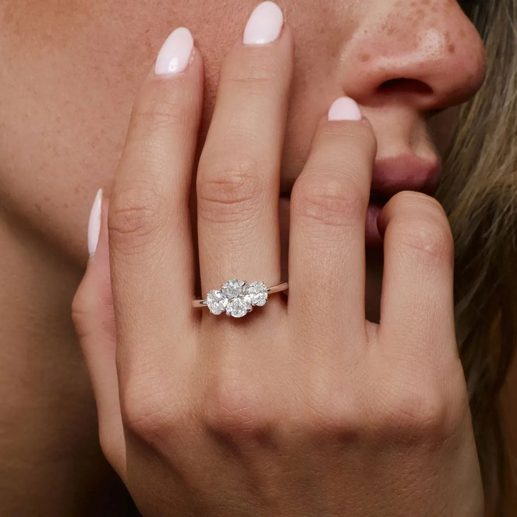 14k Solid Gold Lab Grown Diamond Oval Three Stone Engagement Ring 1.50 ctw Serena