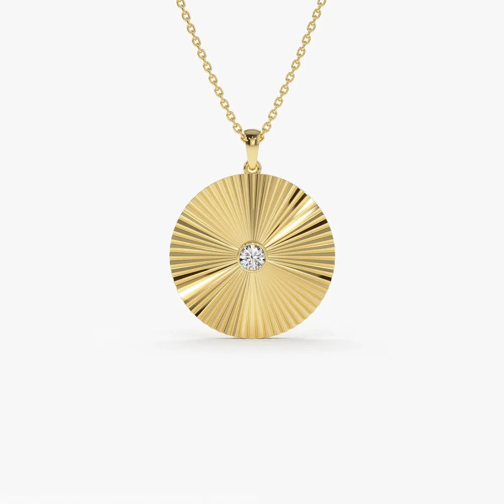 14K Solid Gold Round Diamond Large Disc Ray Pendant Necklace 0.12ctw