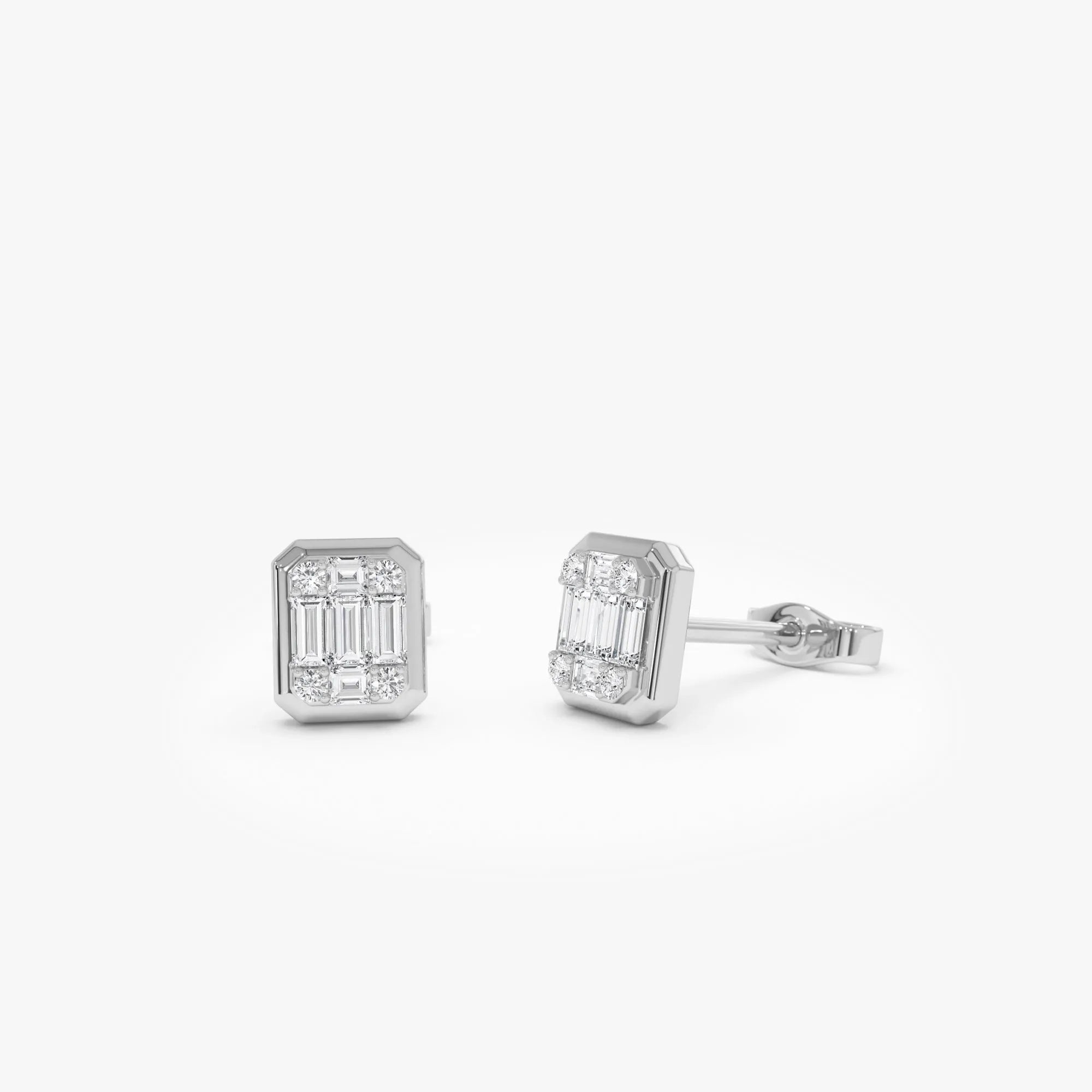 14k Gold Diamond Baguette and Round Cut Illusion Setting Stud Earrings 0.28 ctw