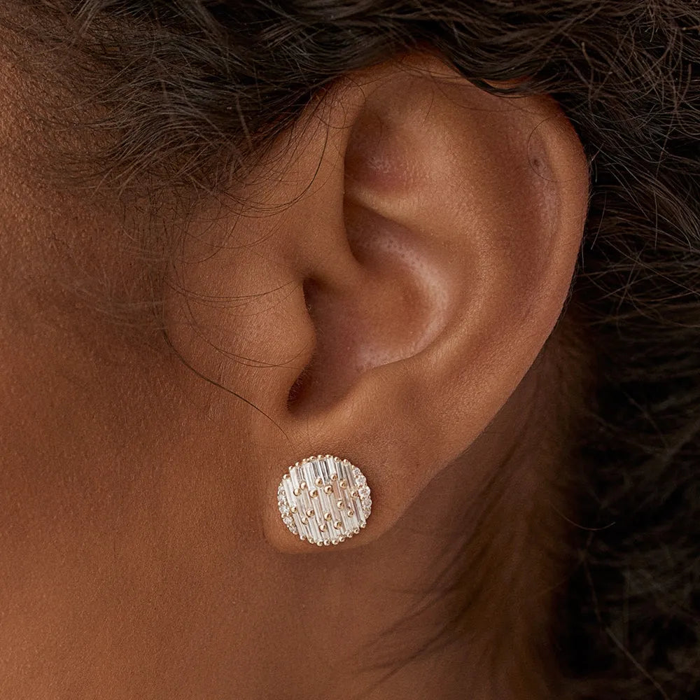 14k Gold Diamond Baguette and Round Needle Cut Statement Earrings 1.23 ctw