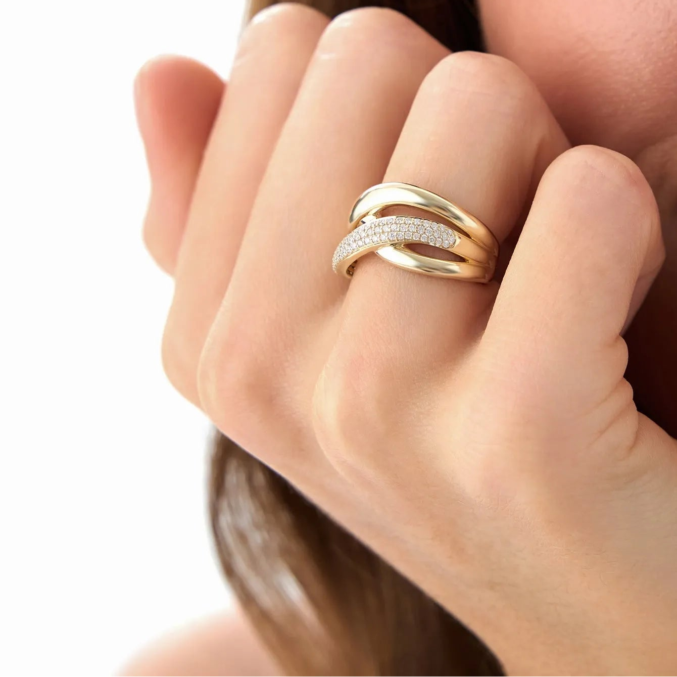 14k Solid Gold Round Diamond 0.40 Carat Triple Band Crossover Statement Ring
