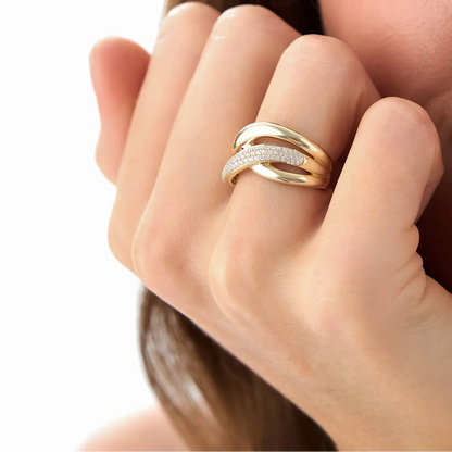 14k Solid Gold Round Diamond 0.40 Carat Triple Band Crossover Statement Ring