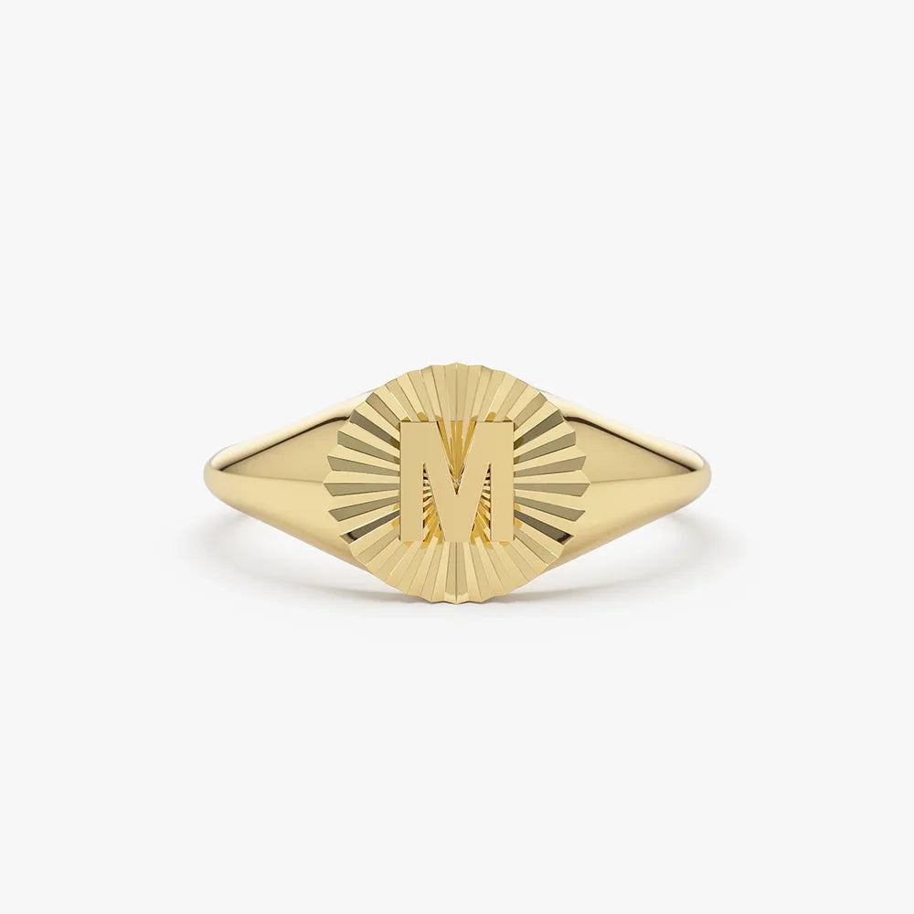 14K Gold Round Sunburst Initial Signet Ring 8mm Personalized Custom Jewelry