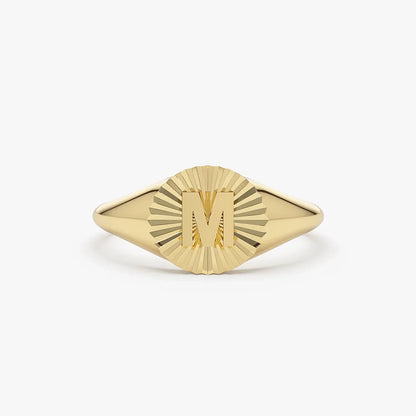 14K Gold Round Sunburst Initial Signet Ring 8mm Personalized Custom Jewelry