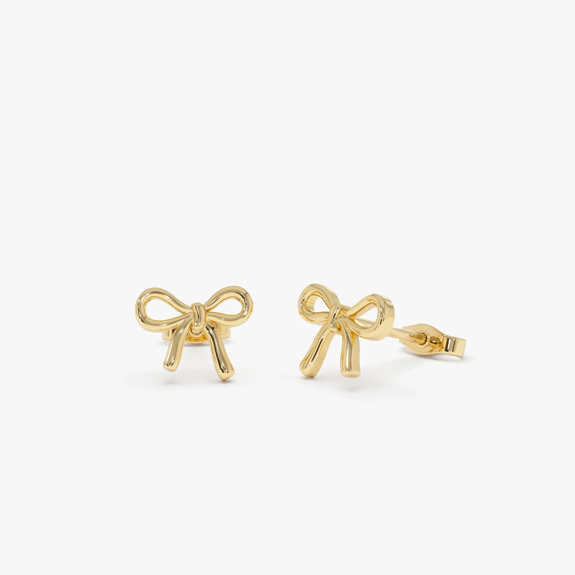 14k Solid Gold Bow Knot Stud Earrings Minimalist Ribbon Shape 9.4mm