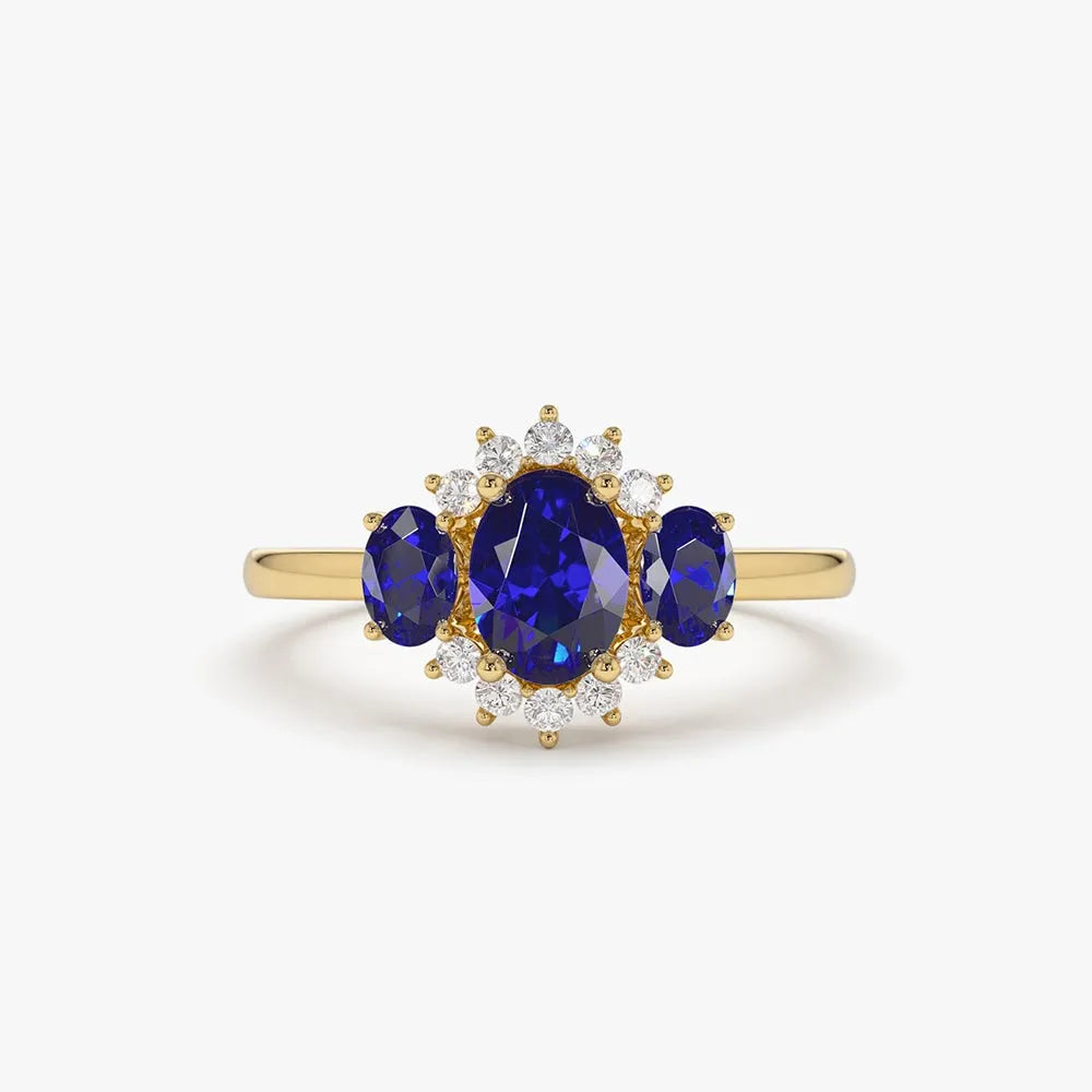 14k Gold Sapphire and Diamond Oval Cut Three Stone Cluster Ring 1.41 ctw