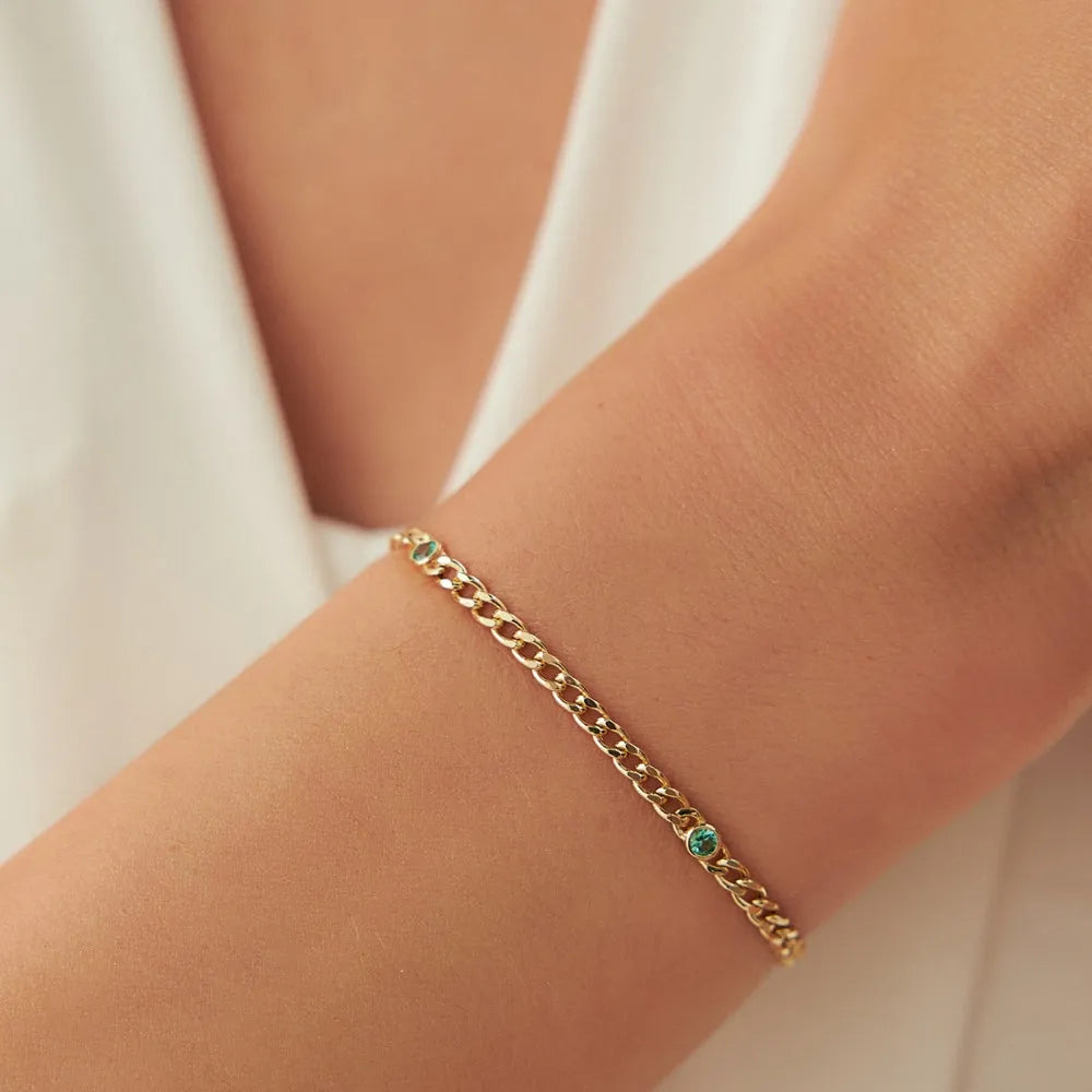 14K Solid Gold Cuban Link Bracelet with Bezel Set Round Emerald