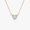14K Solid Gold Round and Baguette Diamond Mini Heart Pendant Necklace 0.14ctw