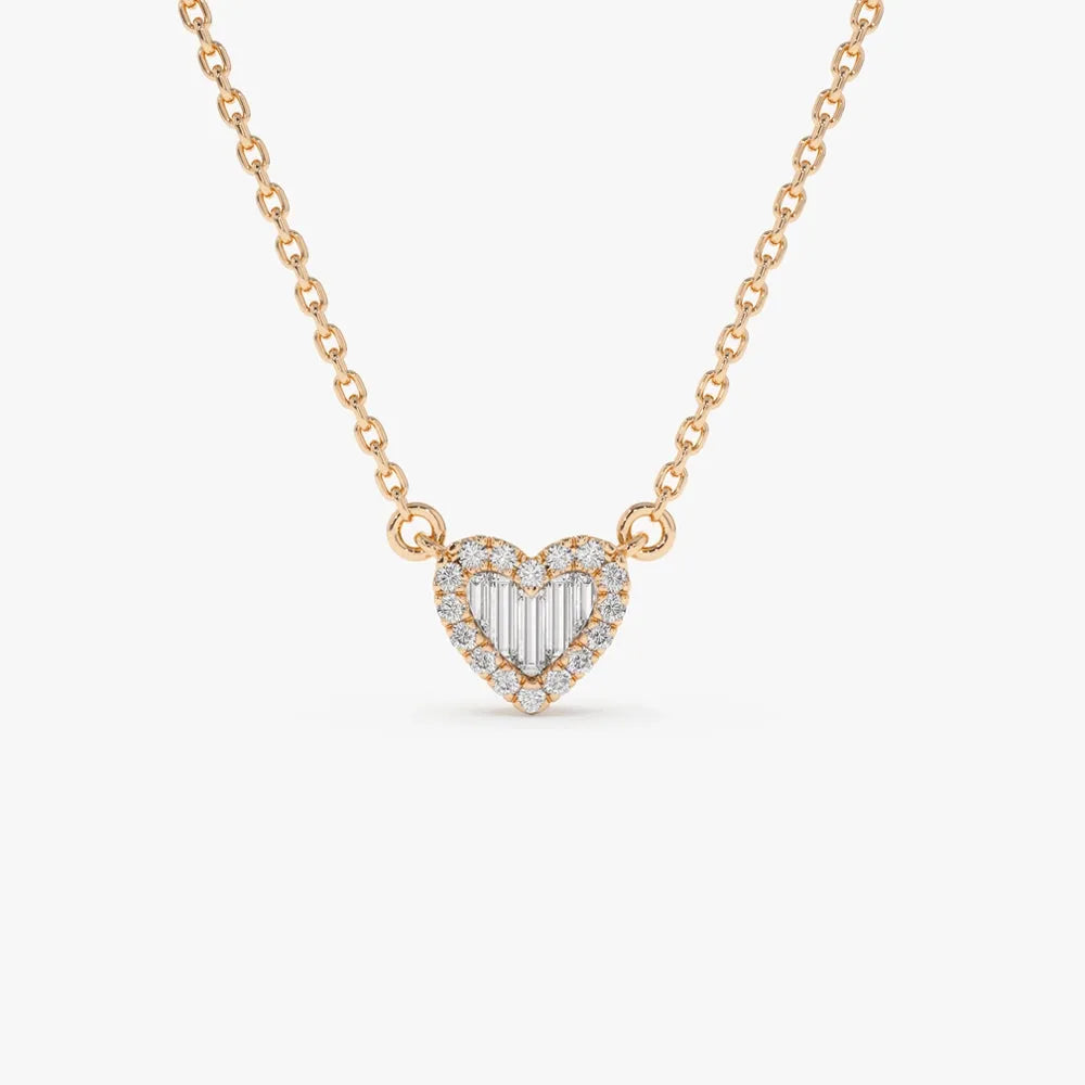 14K Solid Gold Round and Baguette Diamond Mini Heart Pendant Necklace 0.14ctw
