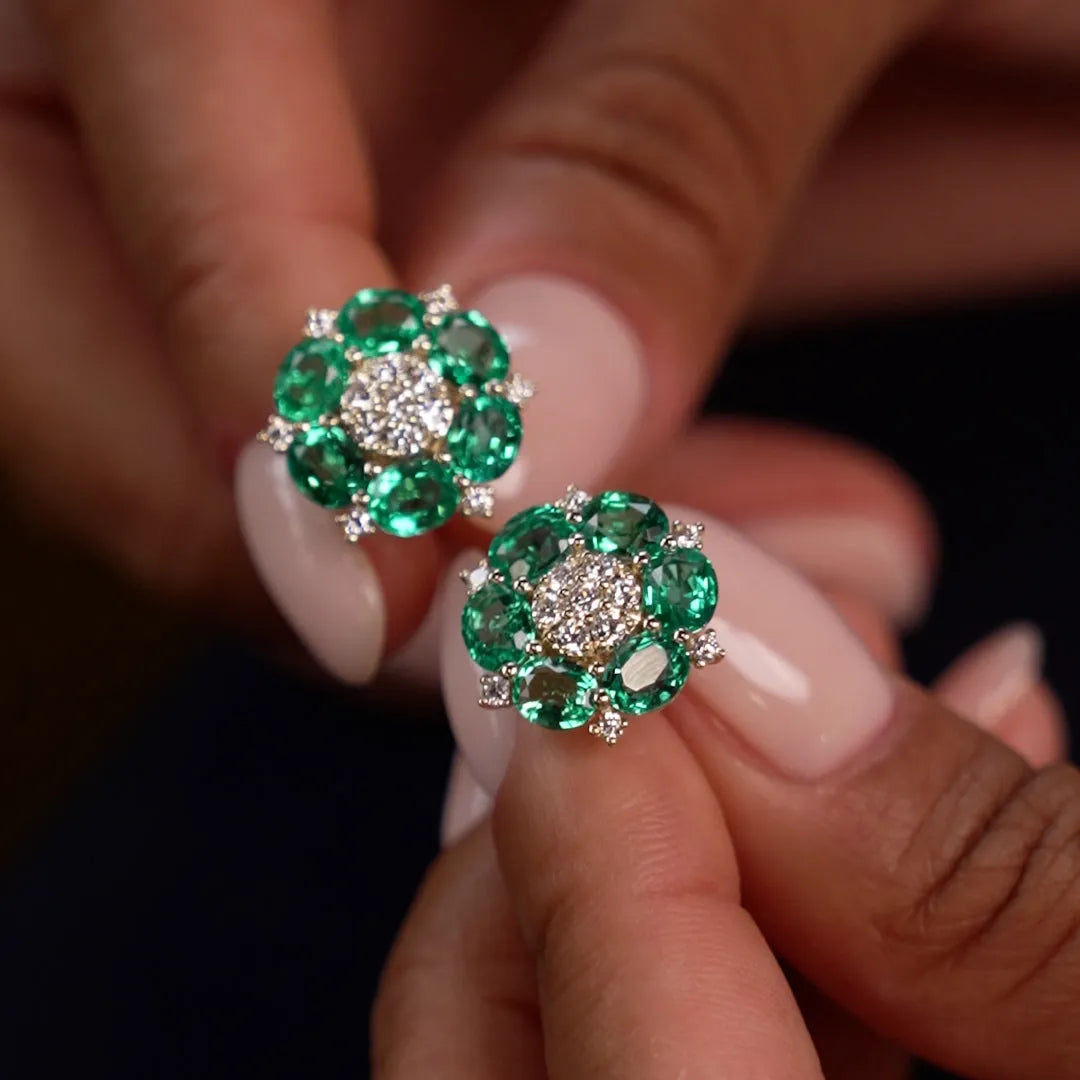 14k Gold Lab Grown Colombian Emerald and Diamond Oval Cut Cluster Stud Earrings 4.70 ctw