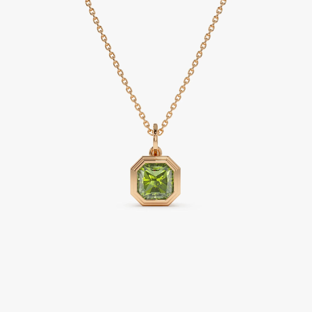 14k Solid Gold Peridot Asscher Cut Necklace 1.20 Carat Bezel Setting