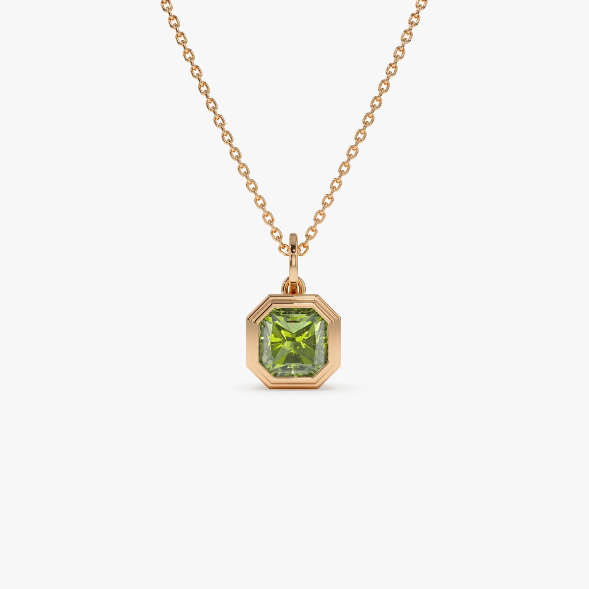14k Solid Gold Peridot Asscher Cut Necklace 1.20 Carat Bezel Setting