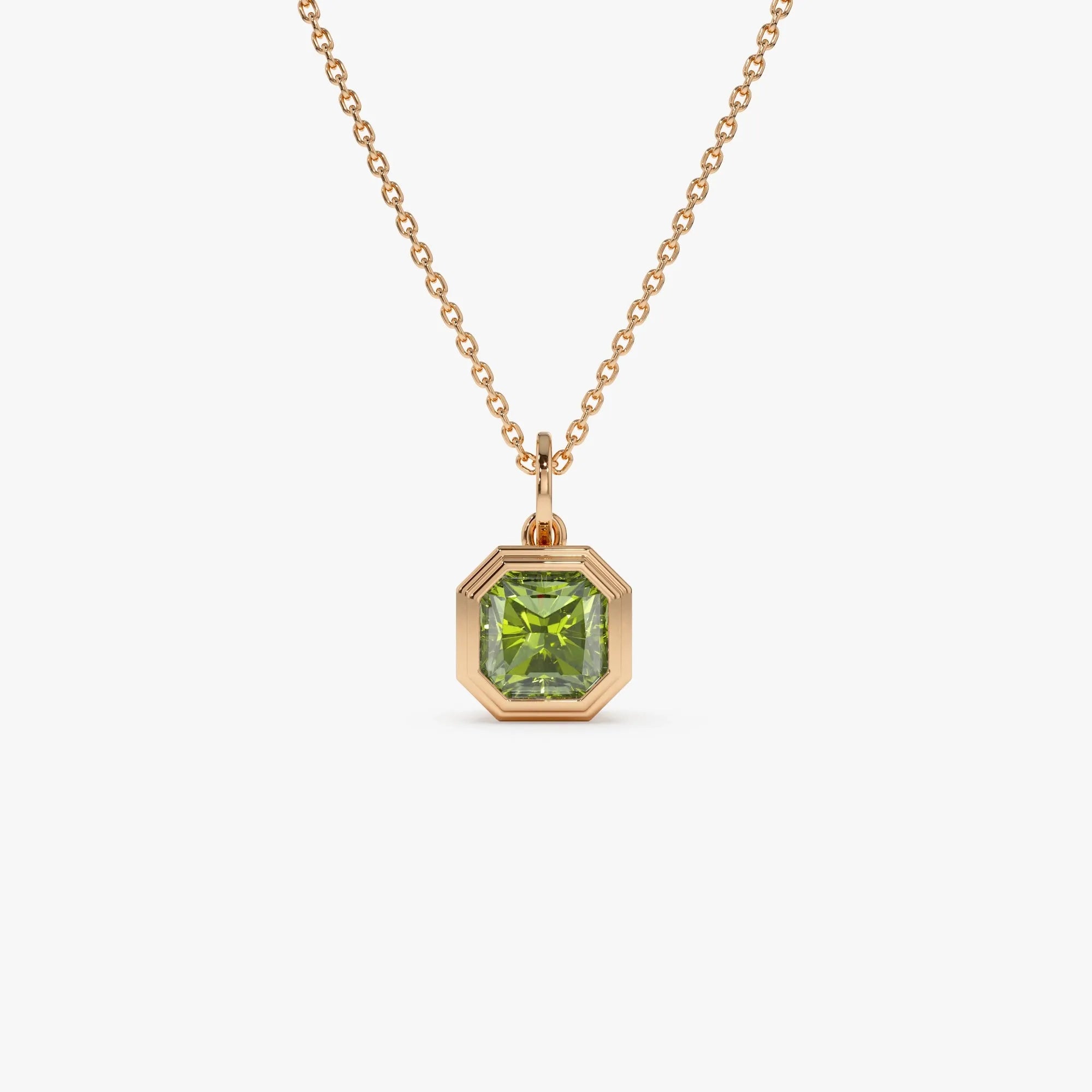 14k Solid Gold Peridot Asscher Cut Necklace 1.20 Carat Bezel Setting