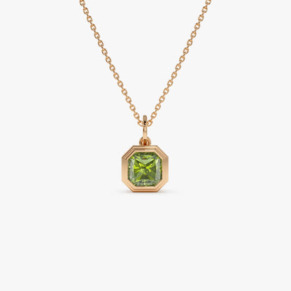 14k Solid Gold Peridot Asscher Cut Necklace 1.20 Carat Bezel Setting