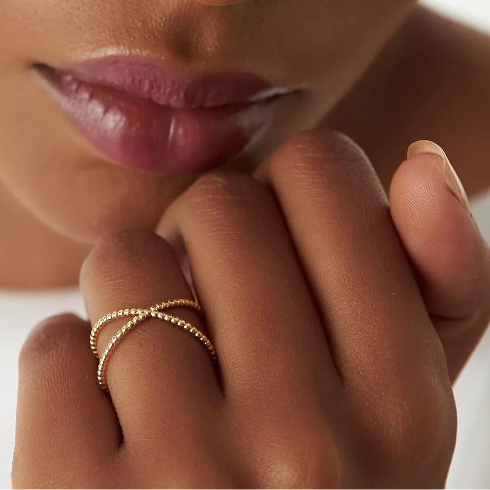 14k Solid Gold Beaded Band Criss Cross Statement Ring