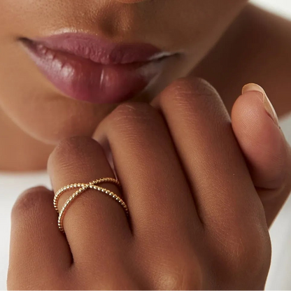 14k Solid Gold Beaded Band Criss Cross Statement Ring