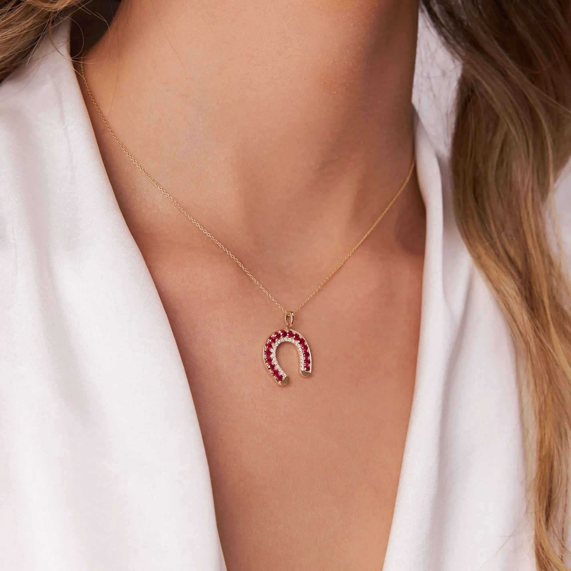 14k Solid Gold Ruby and Diamond Round Horseshoe Pendant 0.87 Carat