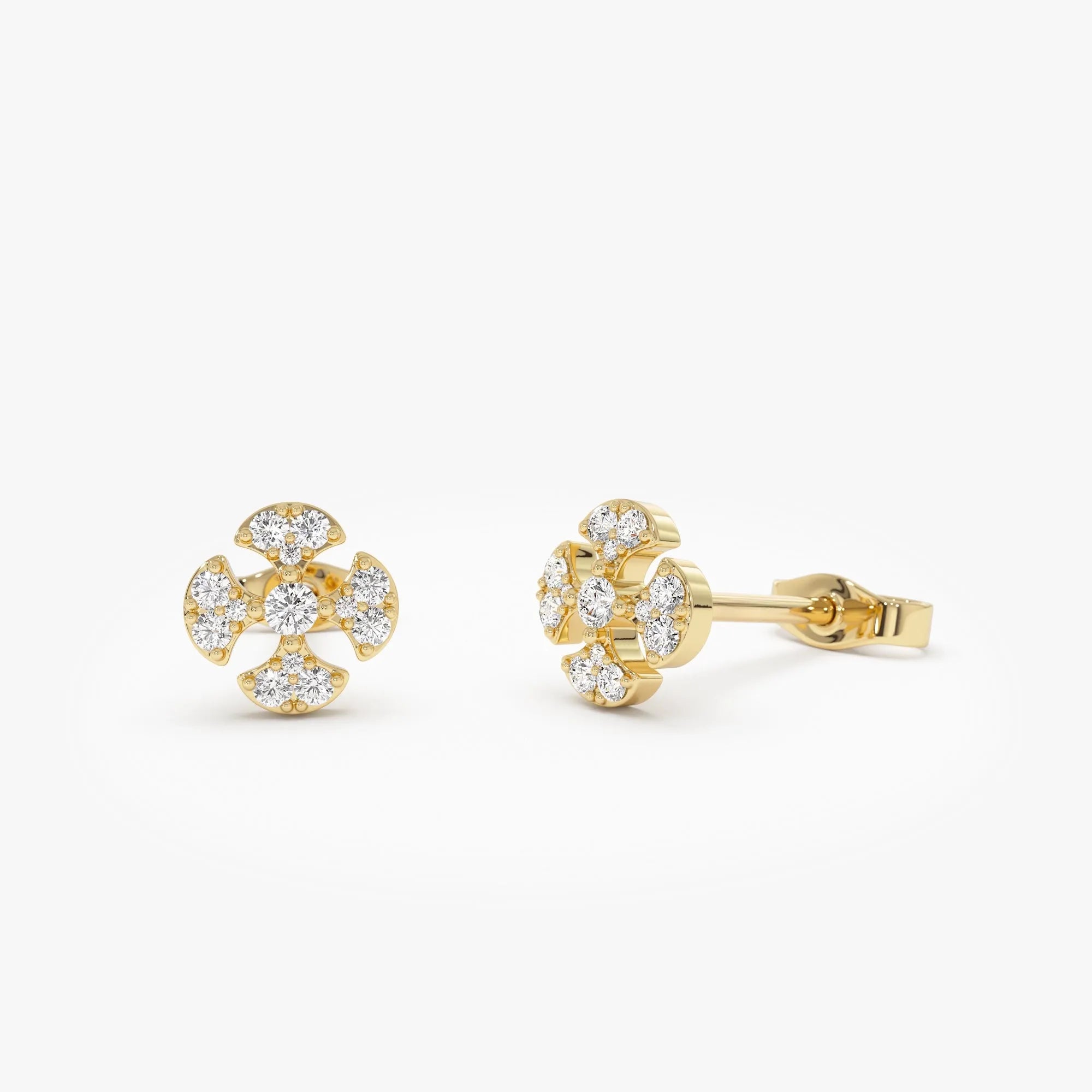 14k Gold Diamond Round Cut Petal Cluster Stud Earrings 0.15 ctw