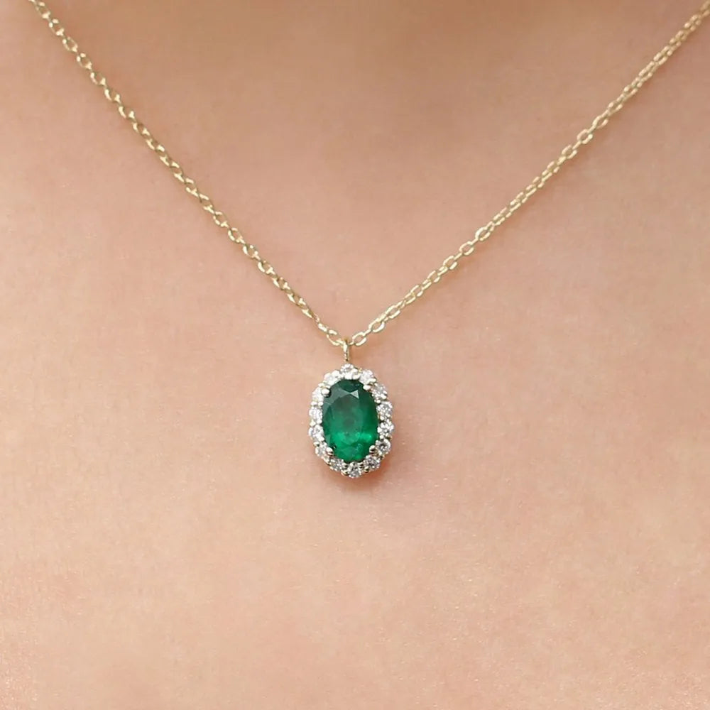 14k Solid Gold Oval Cut Emerald 0.48 CTW and Round Diamond 0.15 CTW Halo Pendant Necklace Prong Setting