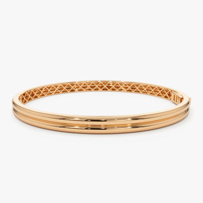 14K Solid Gold Wide Double Row Dome Bangle Bracelet