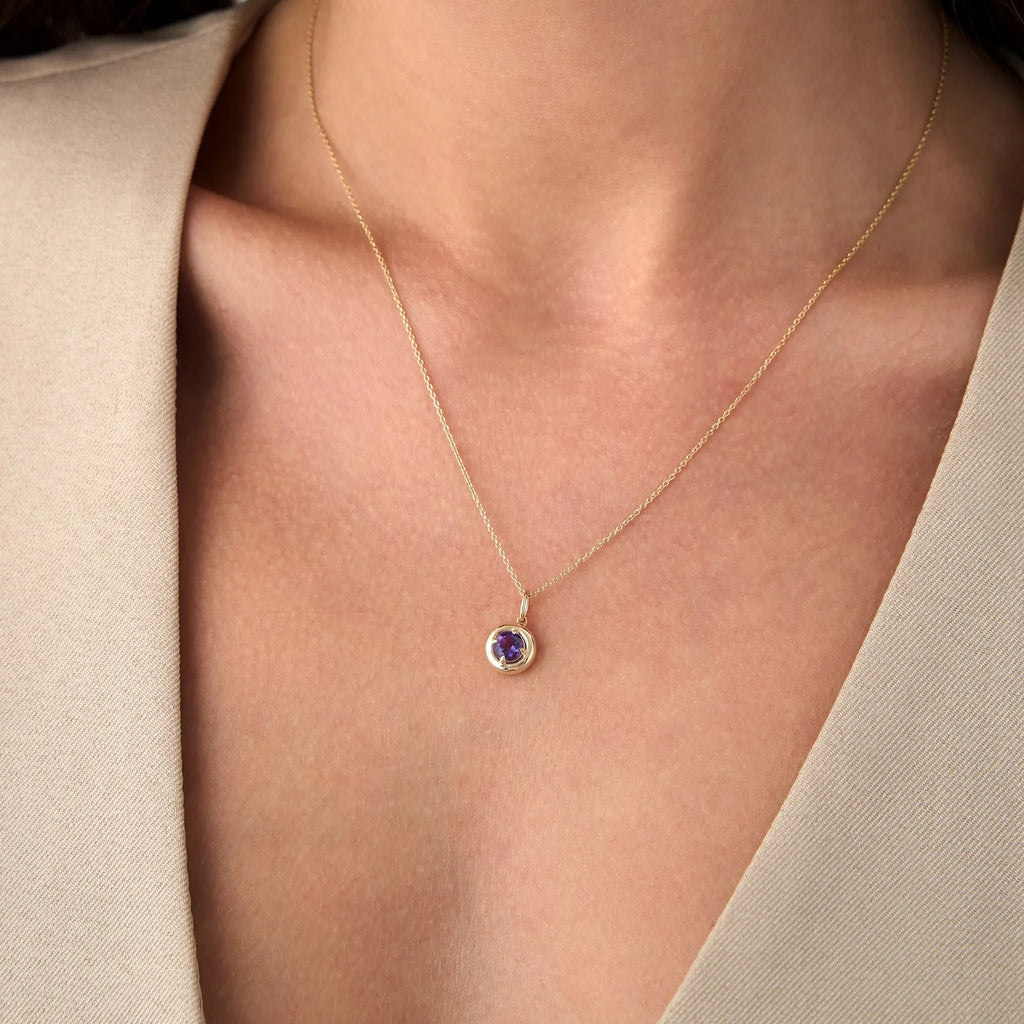 14k Solid Gold Round Amethyst Charm Necklace 0.50 Carat Prong Setting
