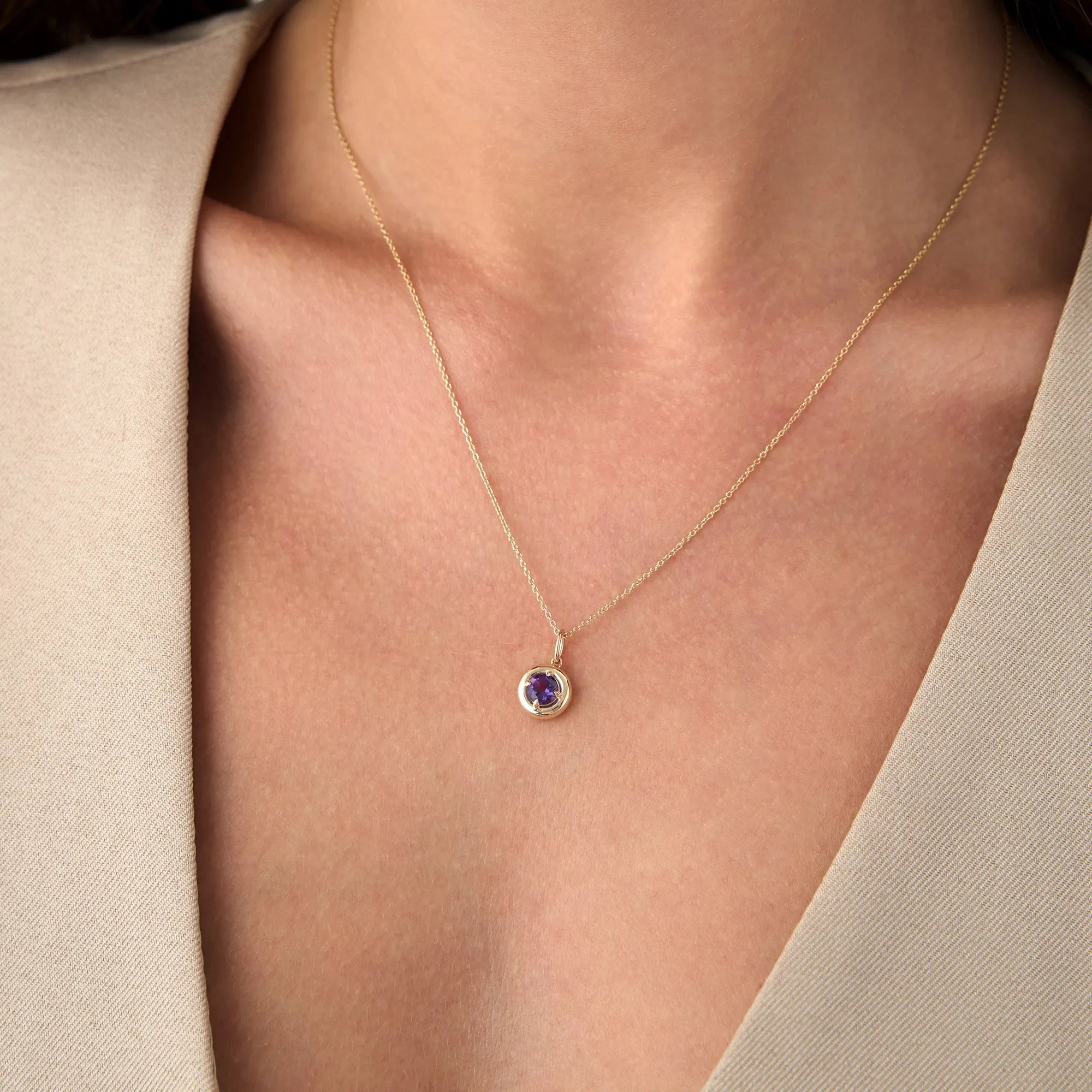 14k Solid Gold Round Amethyst Charm Necklace 0.50 Carat Prong Setting