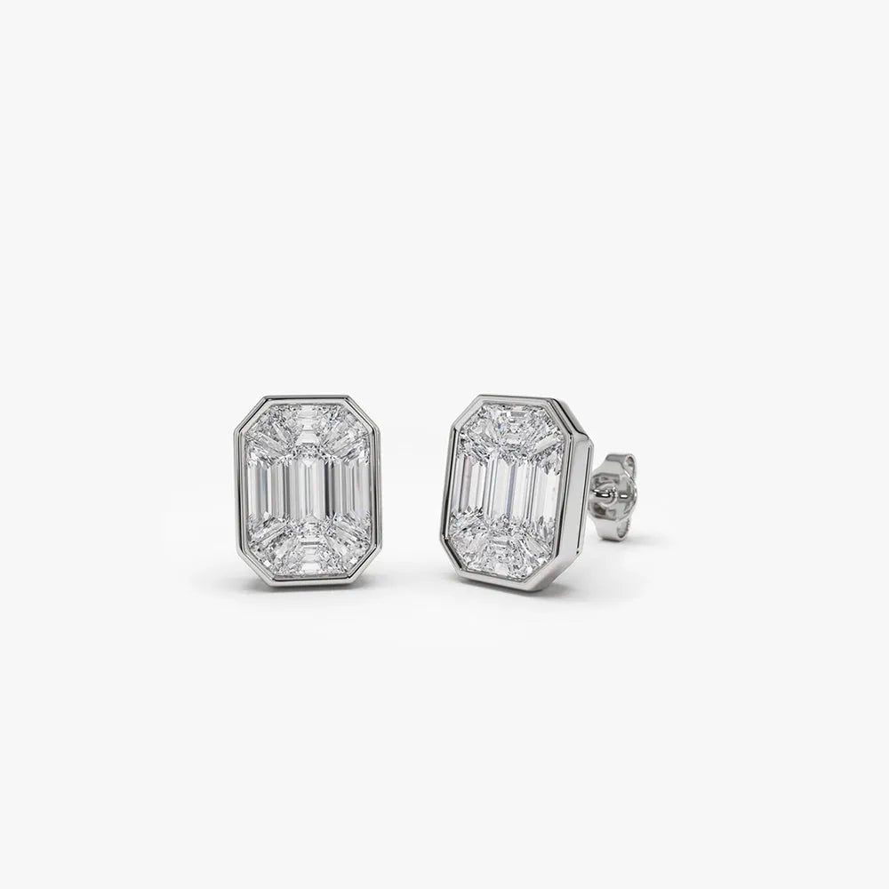 14k Gold Diamond Baguette Step Cut Mosaic Illusion Stud Earrings Invisible Bezel 0.80 ctw